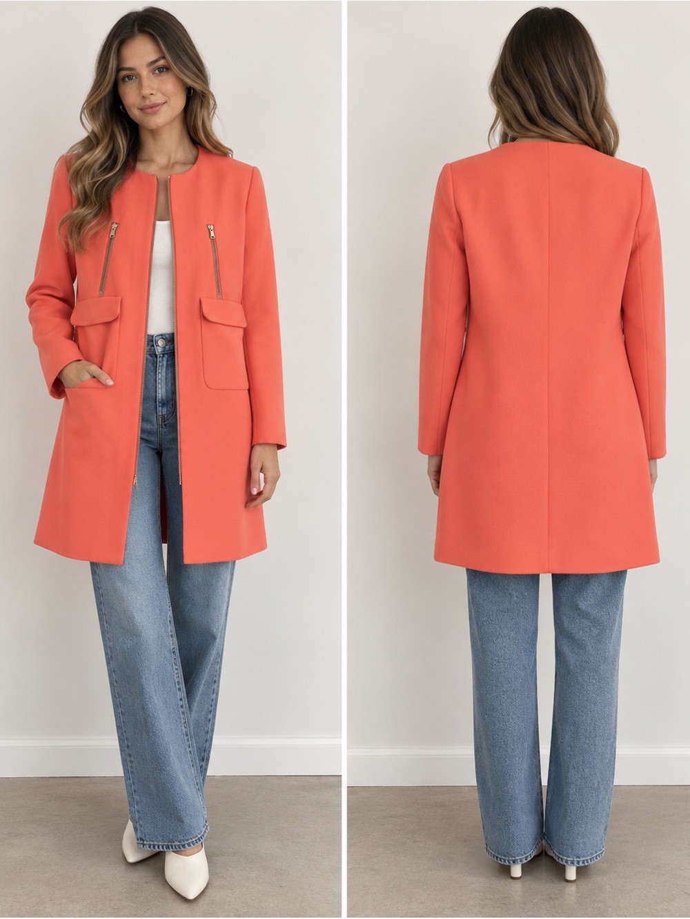 Metaphor Coral Tailored Zip Front Coat 60s Mod Retro Minimalist